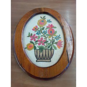 Vintage Framed Embroidery Flowers in Pot Handmade